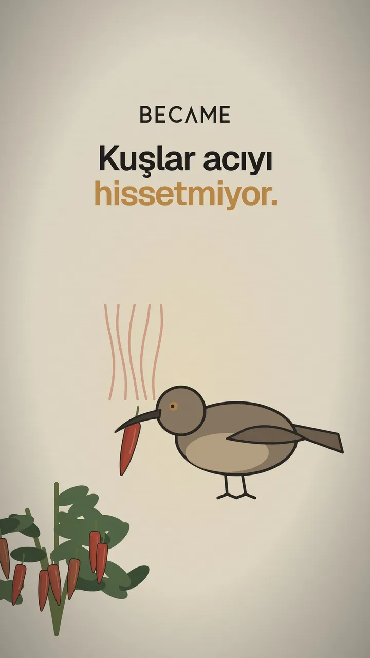 Gagasında kırmızı bir acı biber tutan kuş ve biber fidesi çizimi. Üstte “Kuşlar acıyı hissetmiyor.” yazıyor.