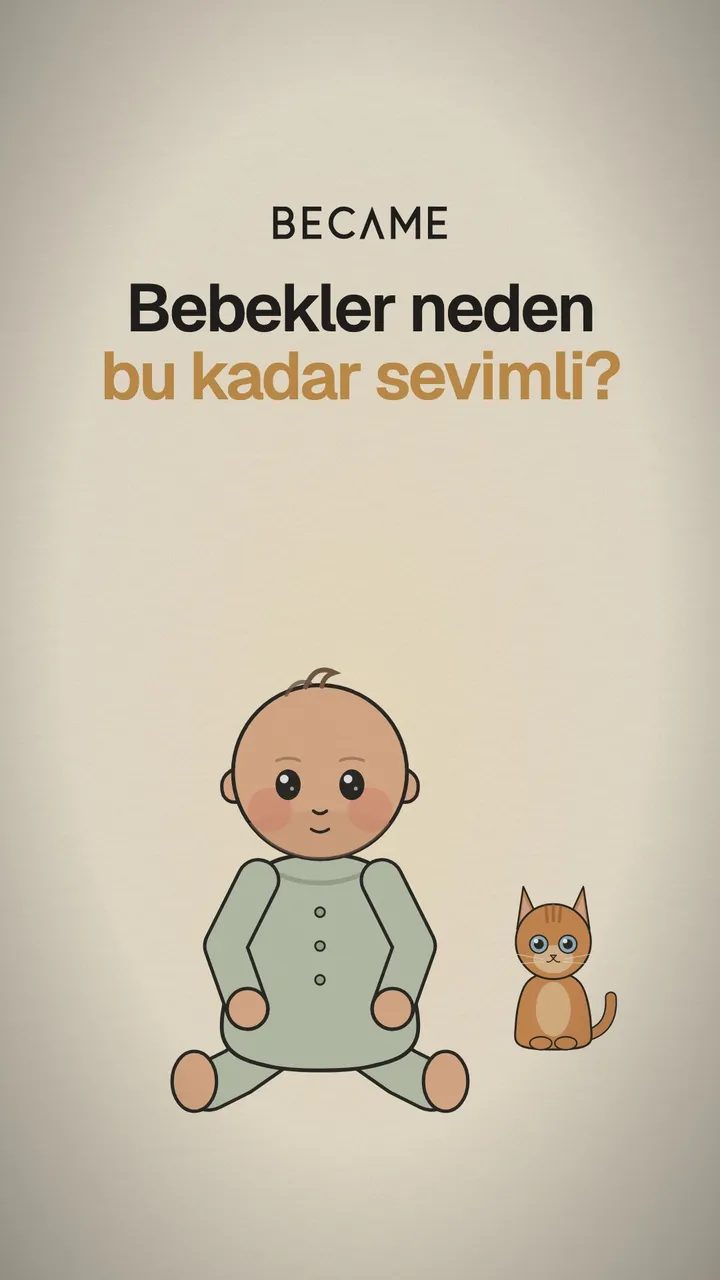 Yerde oturan bir bebek ve yanında küçük bir yavru kedi çizimi. Üstte “Bebekler neden bu kadar sevimli?” yazıyor.