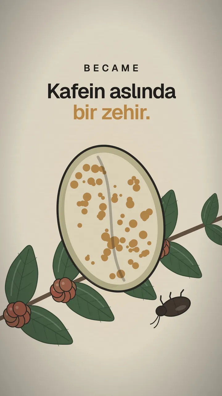 Kesilmiş bir kahve çekirdeği, kırmızı kahve meyveleri ve dalda bir böcek çizimi. Üstte “Kafein aslında bir zehir.” yazıyor.