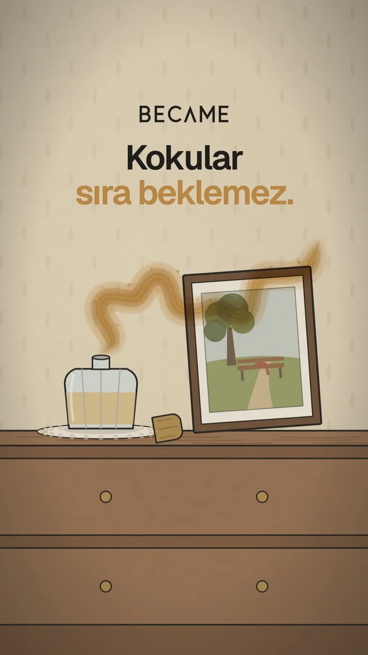 Bir şifonyerin üstünde parfüm şişesi ve ağaçlı bir parkın eski fotoğrafı; şişeden yükselen koku fotoğrafa doğru kıvrılıyor. Üstte “Kokular sıra beklemez.” yazıyor.