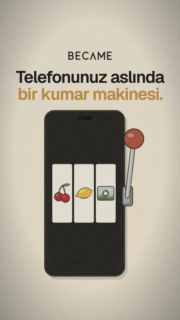 Ekranında kiraz, limon ve video simgeleri dönen, yanında kumar makinesi kolu olan bir akıllı telefon çizimi. Üstte “Telefonunuz aslında bir kumar makinesi.” yazıyor.