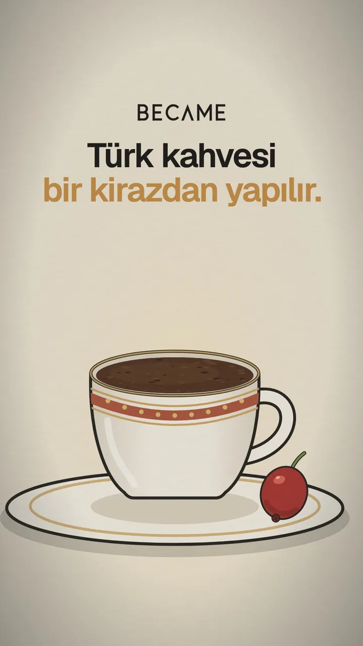 Tabağında köpüklü bir fincan Türk kahvesi ve yanında kırmızı bir kahve kirazı çizimi. Üstte “Türk kahvesi bir kirazdan yapılır.” yazıyor.